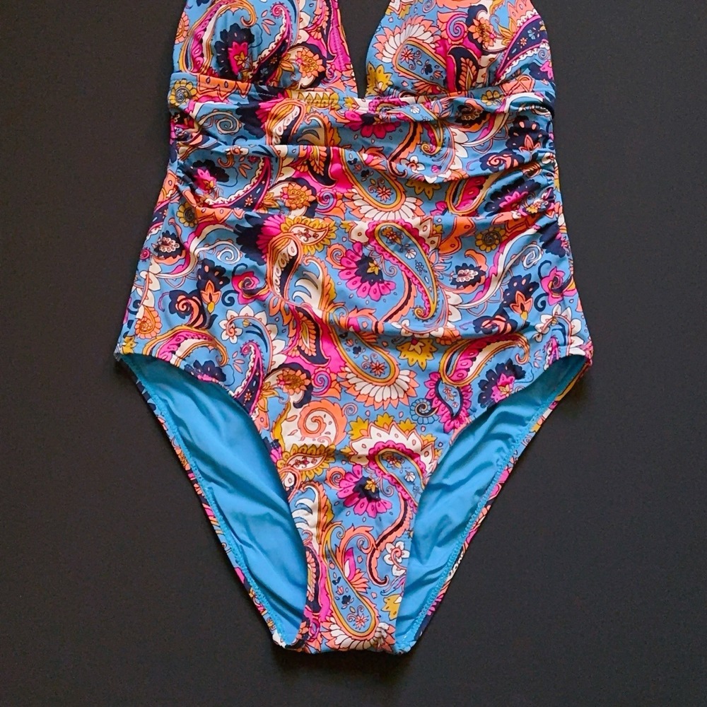 Lucky Brand One Piece Swimsuit Small Paisley Halter Tie Removable Cups NWOT - Picture 4 of 15